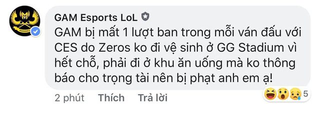 The fanpage of GAM Esports confirming the absurd reason for the penalty