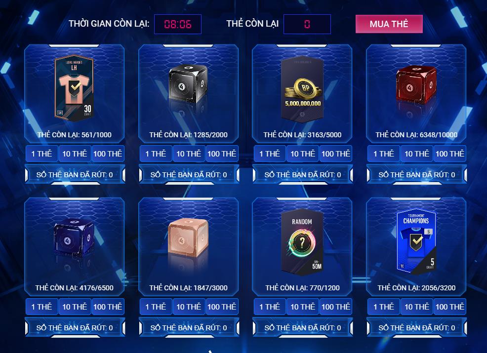 The interface of the lucky card draw board.