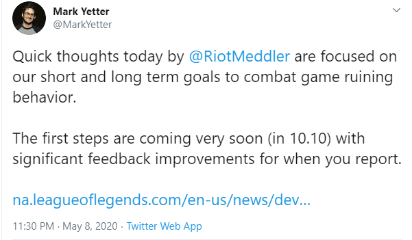 Riot Mark Yetter - lead gameplay designer for League of Legends: 'Today's post is by Riot Meddler and focuses on plans against game ruining behavior. The first step will come very soon (in patch 10.10) with increased response speed when you report someone.'