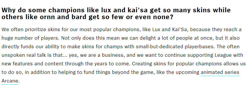 Riot Games: 'We prioritize making skins for the most popular and played champions. We are a business, so we need to generate revenue to sustain League of Legends'