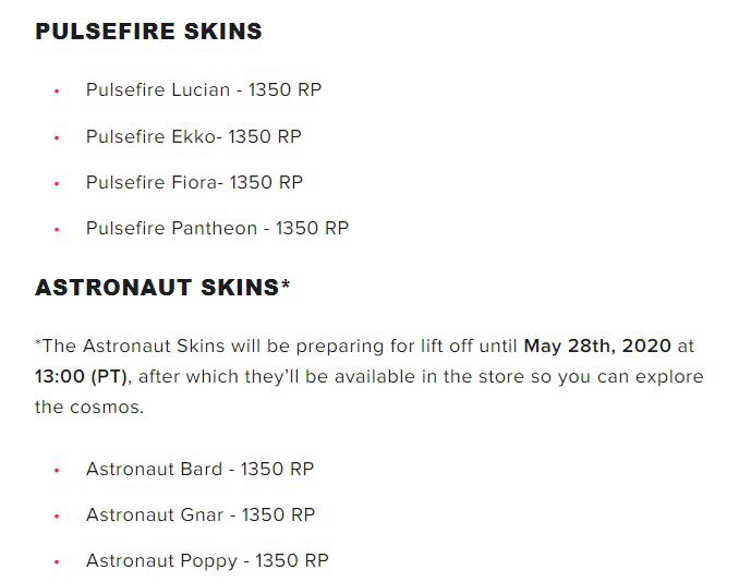 According to Riot's announcement, all Ultimate Weapon 2020 and Astronaut skins will be priced like Epic skins, with the Astronaut group arriving later on May 28, when patch 10.11 updates