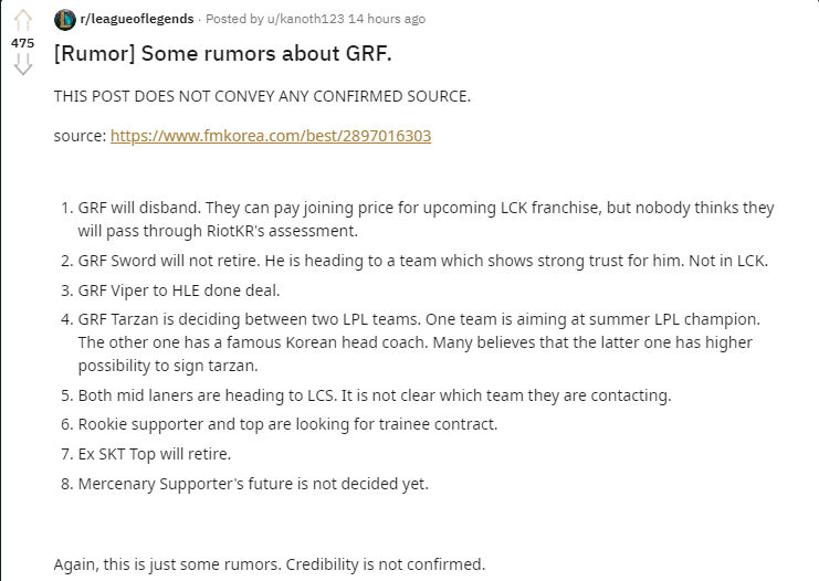 Reddit post translation about rumors of Griffin's disbandment