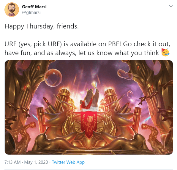 The lead game mode developer at Riot confirmed that URF champion selection has returned to the PBE server.