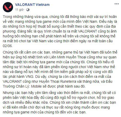 Post from the VALORANT Vietnam page, the official fan page of Riot Games, announces that June 2nd is the global release date for this game. However, it will be delayed for a few months in Vietnam, along with other games like Legends of Runeterra and Teamfight Tactics: Mobile.