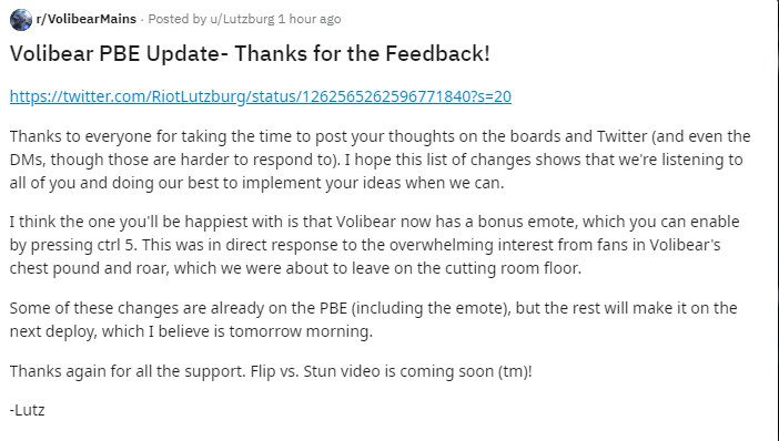 Riot Lutzburg posted a thank you to players for their feedback on the new Volibear and revealed that this champion has a new animation when using the action Ctrl + 5