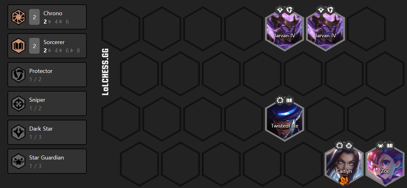 The ideal composition at level 5 is Caitlyn 3 stars + Twisted Fate and Zoe