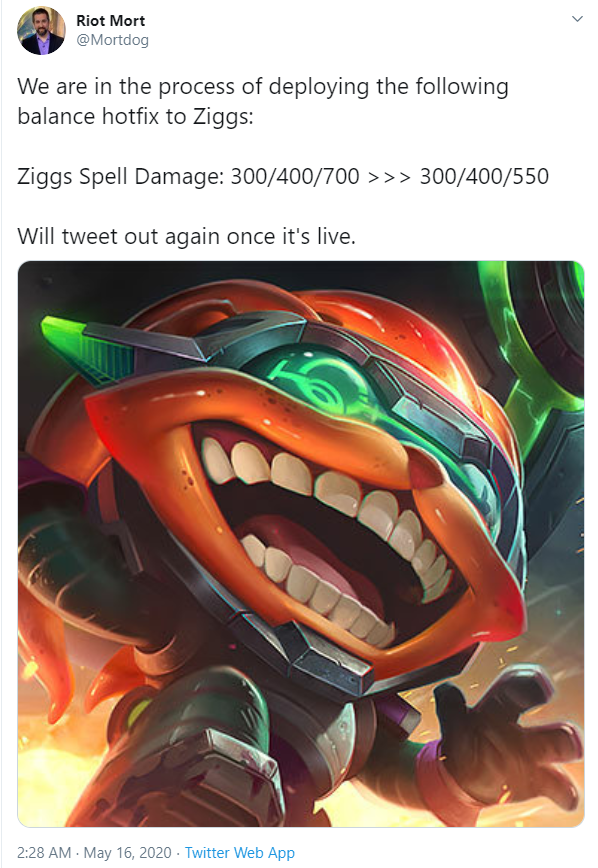 Riot Mortdog: "We are in the process of rolling out the following hotfix to the official server - Ziggs' skill damage at 3-star level is reduced from 700 to 550"