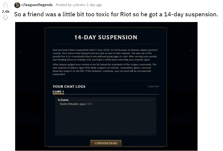 Recently, a player was banned for 14 days just for typing GGWP - A message that praises teammates for playing well
