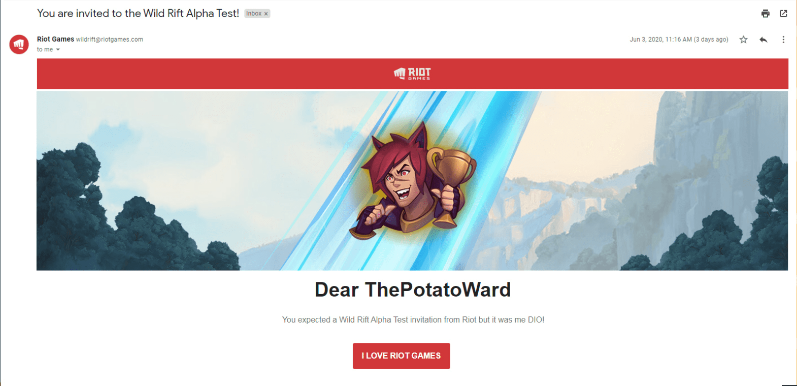 He hopes for a test invitation for League of Legends: Wild Rift from Riot, but it's just DIO!!!! - Riot Games has gone this far (the voice actor for Sett in the Japanese server is also the actor responsible for the character Dio in the series JoJo's Bizarre Adventure).