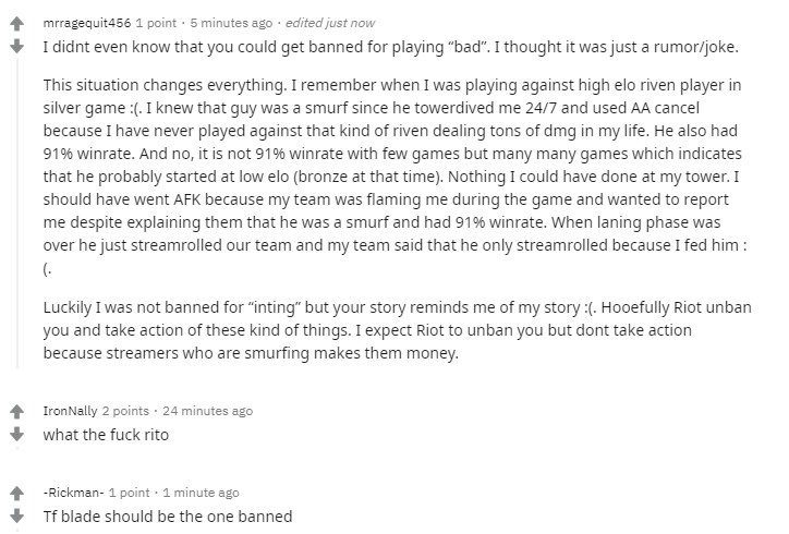 The community is calling for a ban on TF Blade for ruining others' experiences, not the unfortunate 0/17 guy