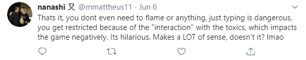 This isn't even a sign of starting a fight; simply typing a few sensitive words gets you labeled as 'toxic interaction' and negatively impacting the game. It's ridiculous. It's as if that principle is monumental or something?