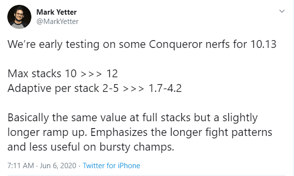 Riot Mark Yetter, head of League of Legends gameplay design, announces changes to the Conqueror rune