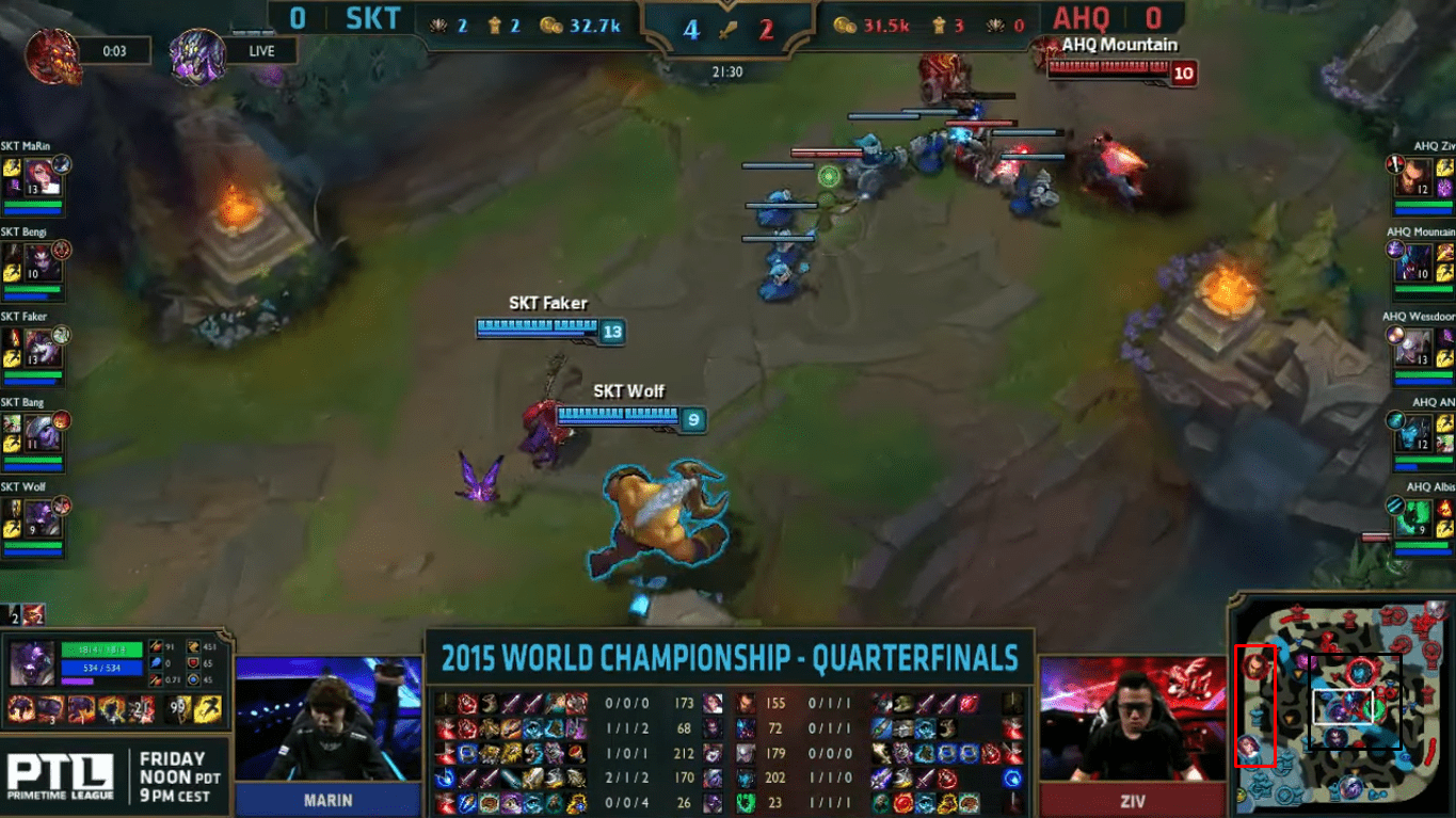 The typical lane division during Worlds 2015, with 4v4 on one side and 2 top laners facing off on the other