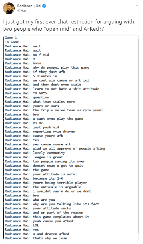 Hai tweeted: "I just got banned from chat for arguing with two guys fighting for mid who then went AFK"