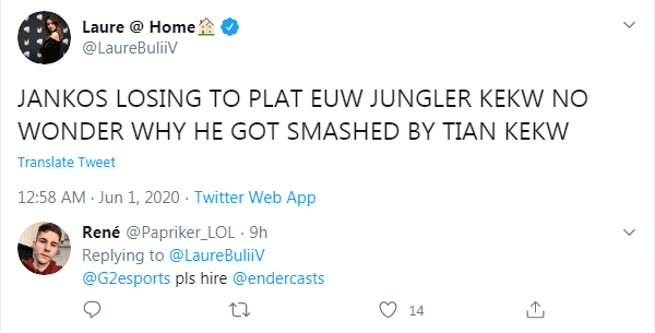 LEC host Laure: 'Jankos lost to a Platinum rank jungler, it's no surprise that he got dominated by Tian'. One player even tagged G2 Esports to request hiring caster Ender, who defeated Jankos