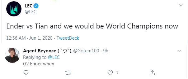 Official LEC Twitter: 'Ender versus Tian and we will have a world champion'. Players continue to troll about the caster Ender joining G2 Esports