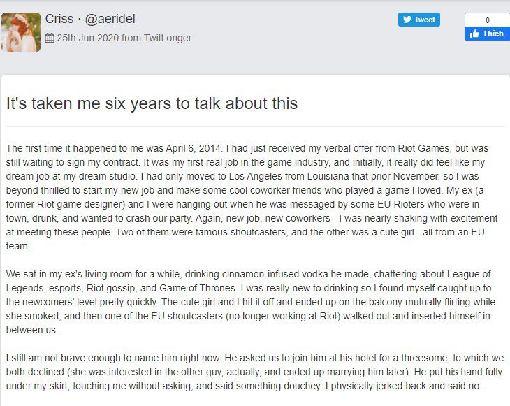 Criss's Twitlonger accusing a former Riot commentator of sexual harassment in the past