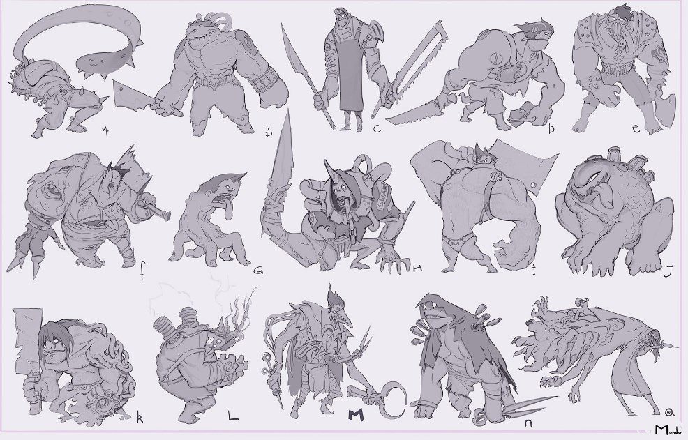 A series of designs from 'mad doctor', monsters, mutated creatures sketched by Riot