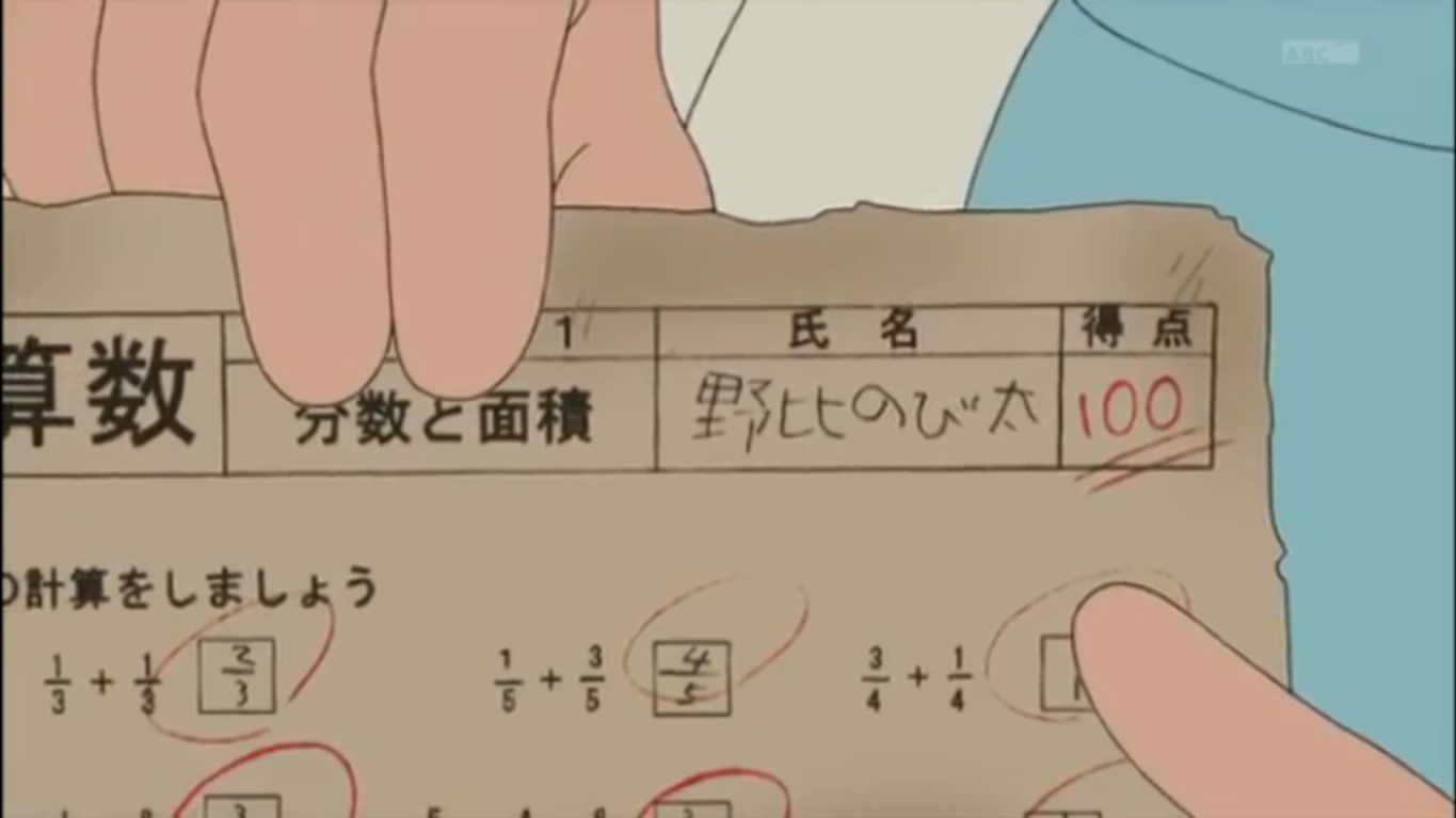 Nobita can achieve high scores in tests without using Doraemon's gadgets, it's just that the boy is too lazy to study
