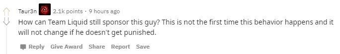 Many question why a large Esports organization like Team Liquid still sponsors TF Blade. This is not the first time this streamer has exhibited such negative behavior; if not properly punished, he will definitely not change.