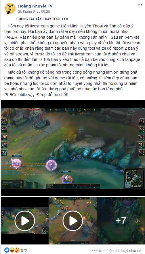 Hoang Khuyet TV posts in the group hoping the gaming community can restore fairness for him
