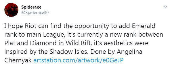 Admin of the site Surrender at 20: 'I hope Riot Games will find an opportunity to bring the Emerald rank into the original League of Legends, which is currently the new rank tier between Platinum and Diamond in League of Legends: Wild Rift. Its design is inspired by the Shadow Isles. It was completed by artist Angelina Chernyak'