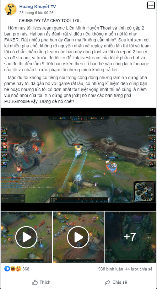 Hoàng's post sharing his experience with toolhack in ranked