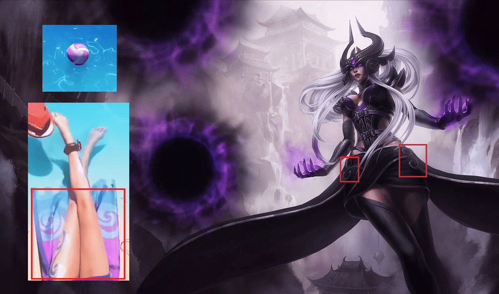 The tattoos and patterns on the character's skin in the clip closely resemble those on Syndra's default skin, not to mention the nearby purple ball