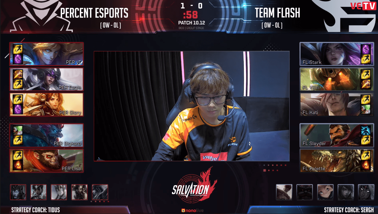 After the first banning phase, we can see Percent Esports has a much stronger and easier-to-play lineup compared to Team Flash