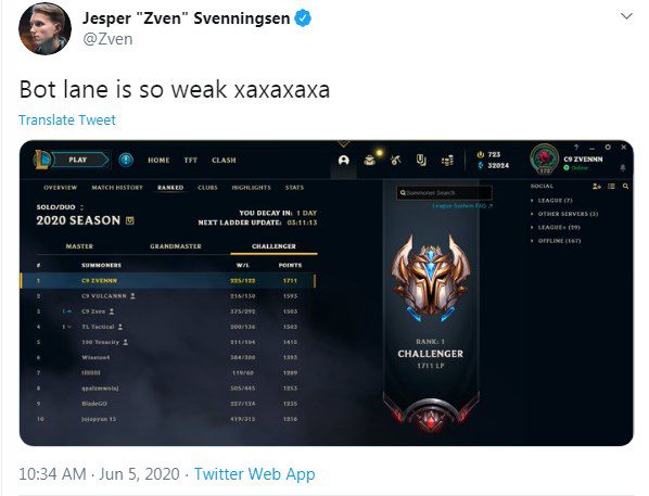 Cloud 9 Zven posts a picture of himself reaching top 1 Challenger: "And people say ADCs are too weak"
