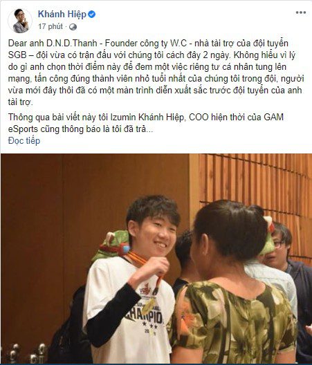 Facebook post by COO Khanh Hiep Izumin specifically naming Tinikun