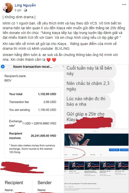 Commentator Ling Cao Thủ posted about a fan donating 25 million VND to Kiaya to help him with financial issues