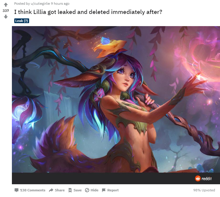 The post mentions that Lilia's background appeared on Reddit but was quickly deleted
