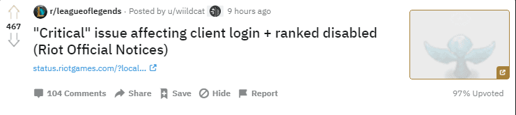 Riot Games had to lock the ranking system due to serious network issues