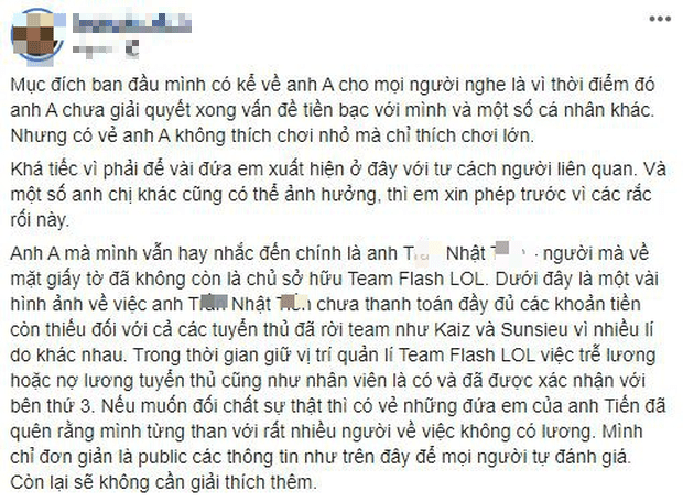 Allegations from a member of the SGD organization targeting the former owner of Team Flash stating that he owes player salaries