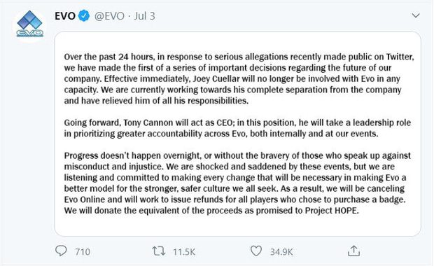 EVO's official tweet regarding the incident involving Joey Cuellar.