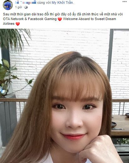 Announcement from a representative of Facebook Gaming Vietnam stating that singer Khởi My has joined this streaming platform