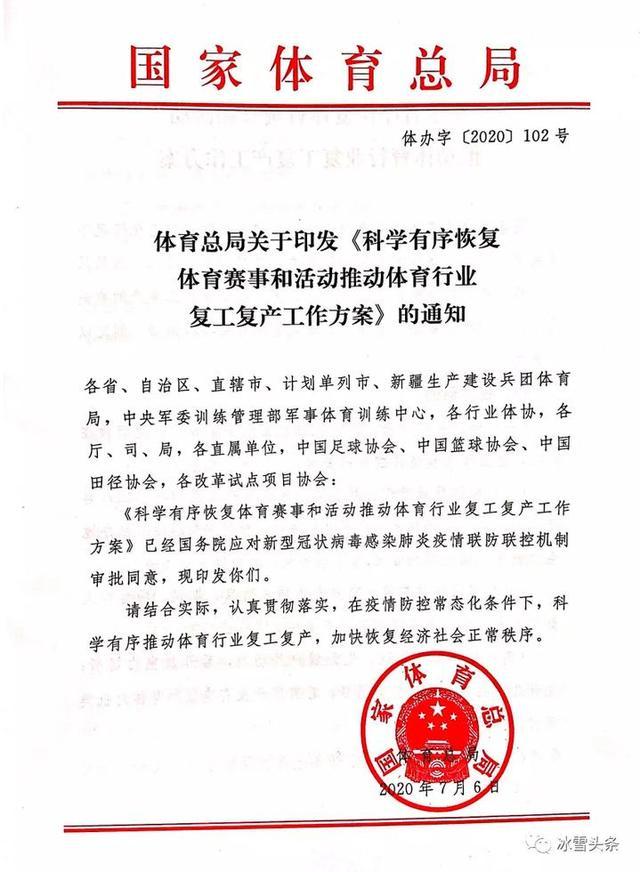 Decree from the General Administration of Sports of China regarding the decision to suspend all planned sports events until the end of 2020
