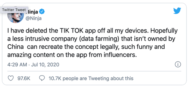 The world-renowned streamer Ninja has announced he will 'quit' TikTok due to security concerns.
