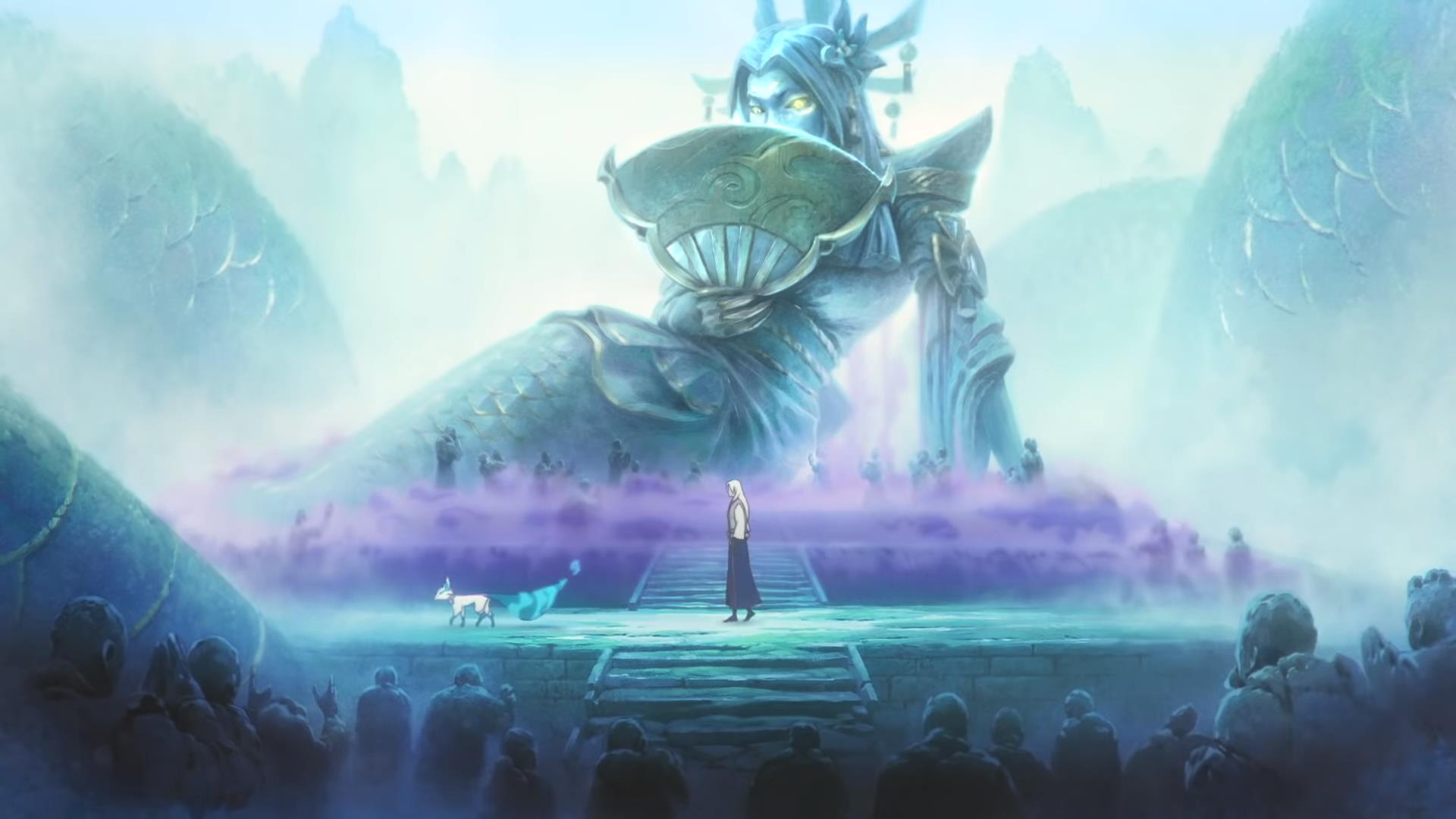 The statue of the serpent woman (Cassiopeia) that Yone sees on his journey.