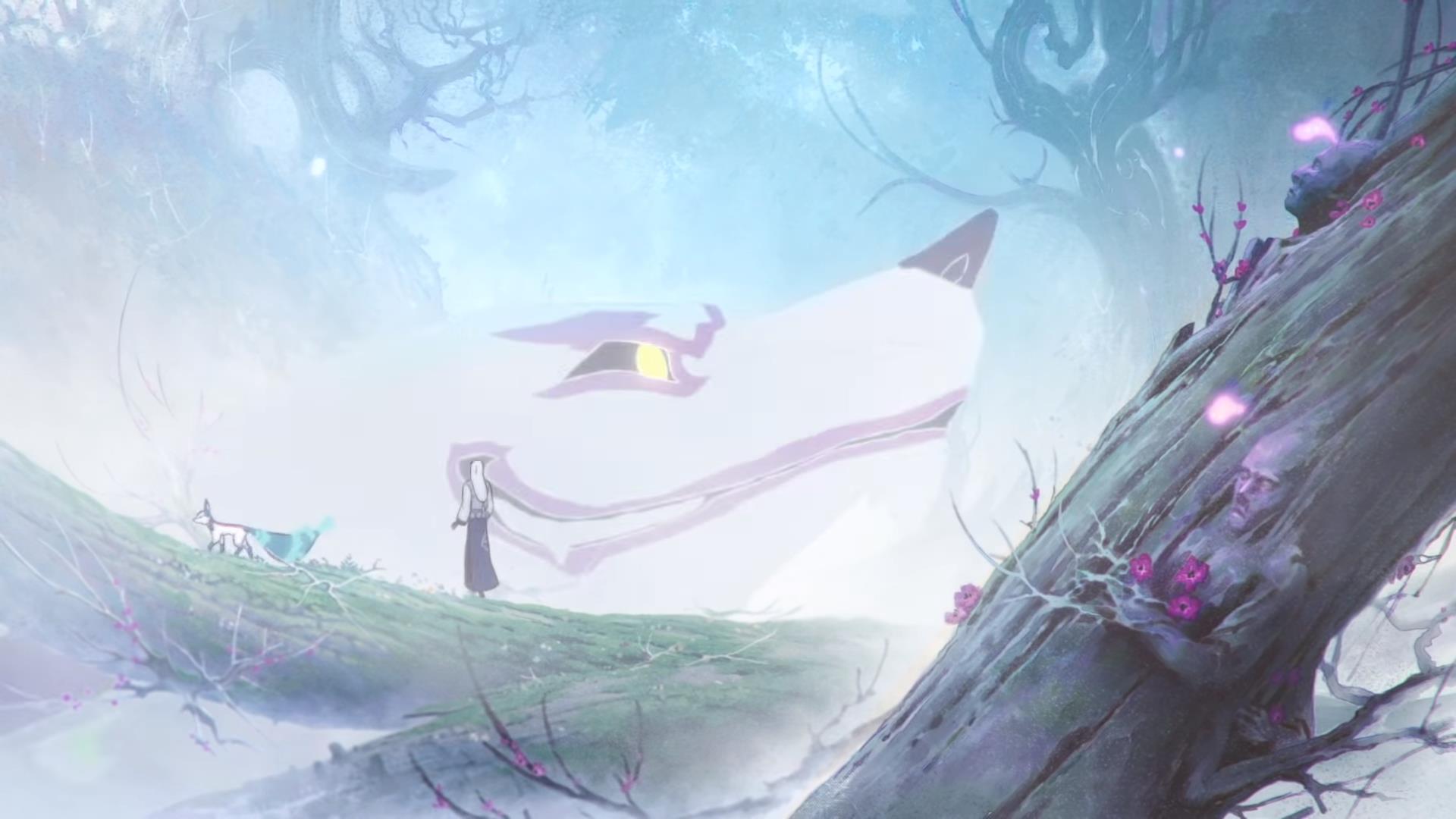 A wolf (Kindred) also unexpectedly glides past Yone on his journey.