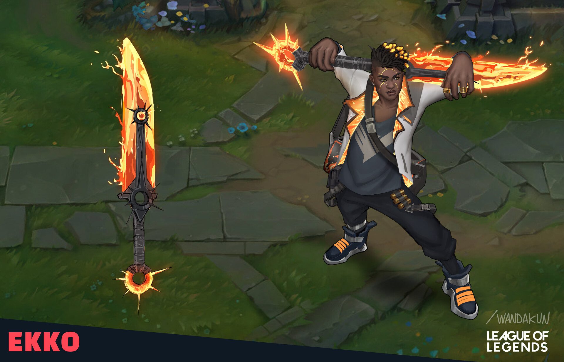 The weapon of this Ekko skin is made from fire with the ability to heal itself and burn the enemies' blood like Phoenix