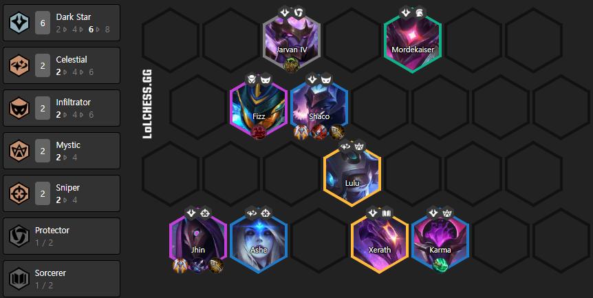 Final composition at level 9 – featuring all 6 Black Mist champions on the board