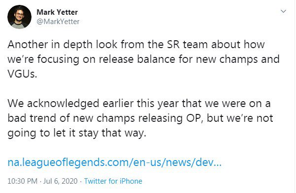Riot Mark Yetter - Head of League of Legends gameplay design: 'Another post for an in-depth look at what we will focus on when launching new champions or upgrading old ones. We realized earlier this year that things were going quite badly when we released too many overpowered champions, but we won't let things go on like that.'