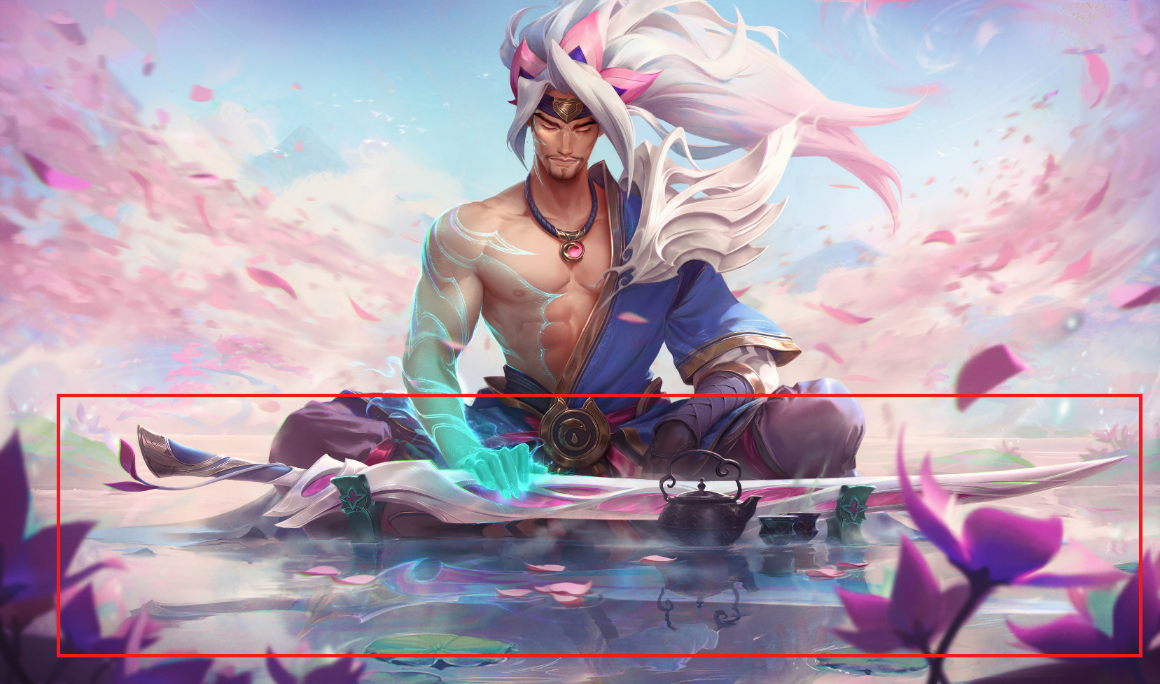 The hilt of the sword reflected under the water in the splash art of Yasuo's Heroic Wandering Swordsman skin