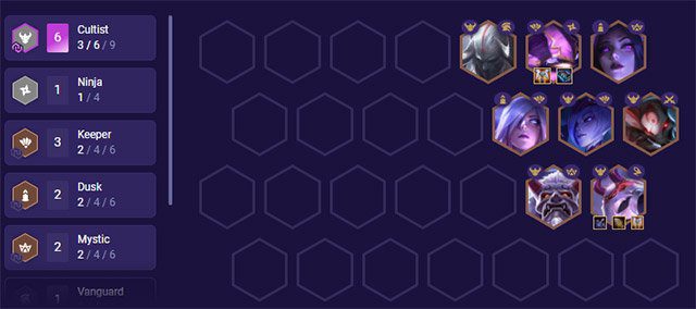 Level 8 composition: (Aatrox, Kennen, Cassiopeia, Riven, Elise, Kalista, Zilean, Jhin)