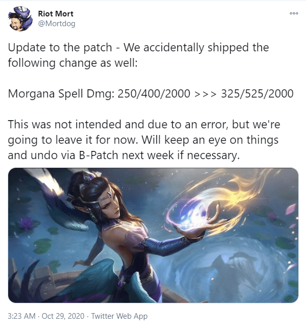 Riot Mortdog confirms the buff to Morgana in patch 10.22 was due to a technical error