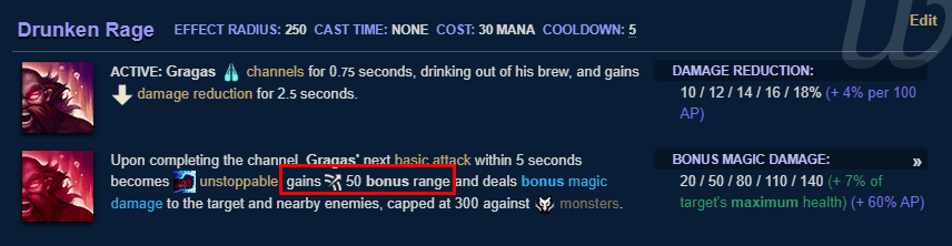 The empowered attack from the W ability will have an extra 50 attack range
