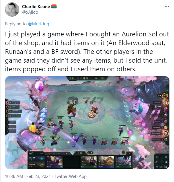 This player bought Aurelion Sol equipped with Runean's Hurricane, Forest Spirit Seed, and B.F. Sword
