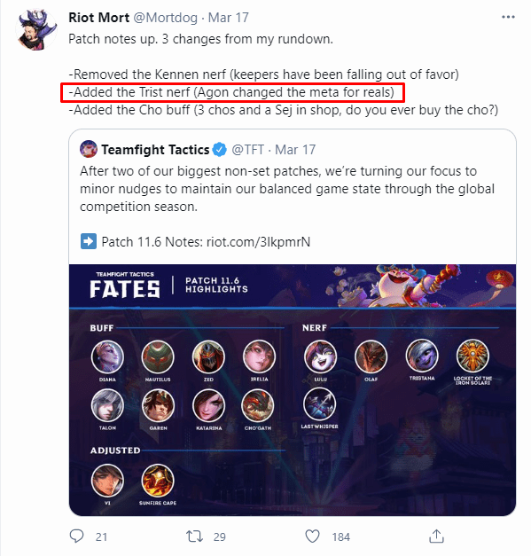 Lead designer of Teamfight Tactics - Riot Mortdog had to add a nerf aimed at Tristana in patch 11.6 due to Agon's success